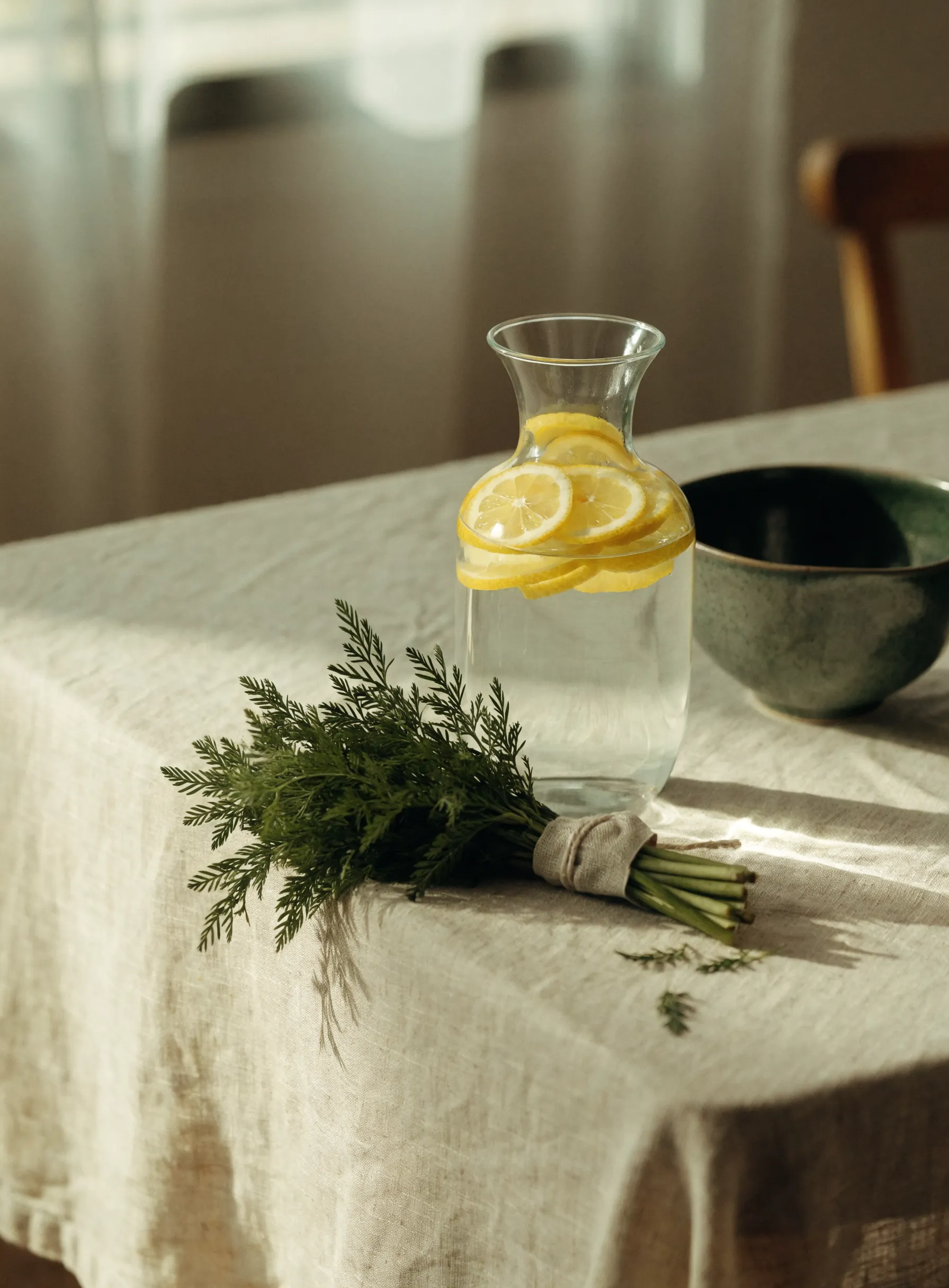 Karaff med citronvatten och färska örter på linneduk