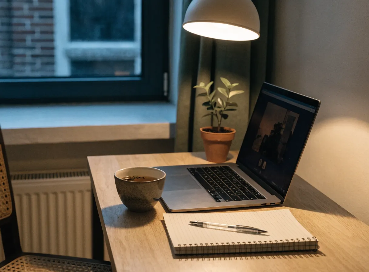 Laptop med pågående videosamtal och en kopp te